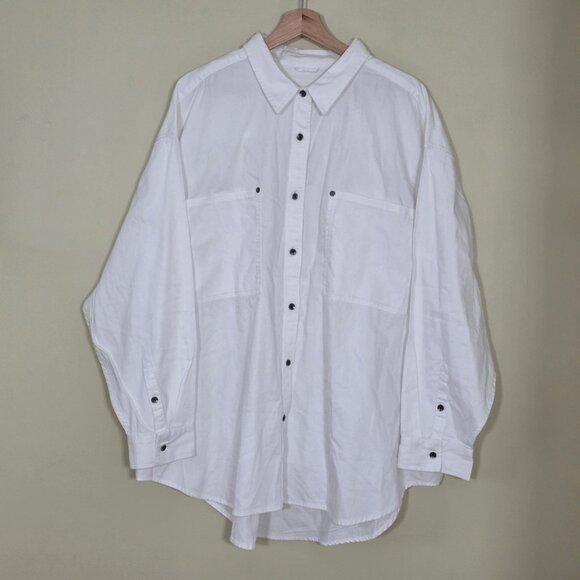 Aerie Oversized Shirt Women XXL Ivory LS Buttons Pockets Cotton Slouchy Top Boho - Picture 1 of 16